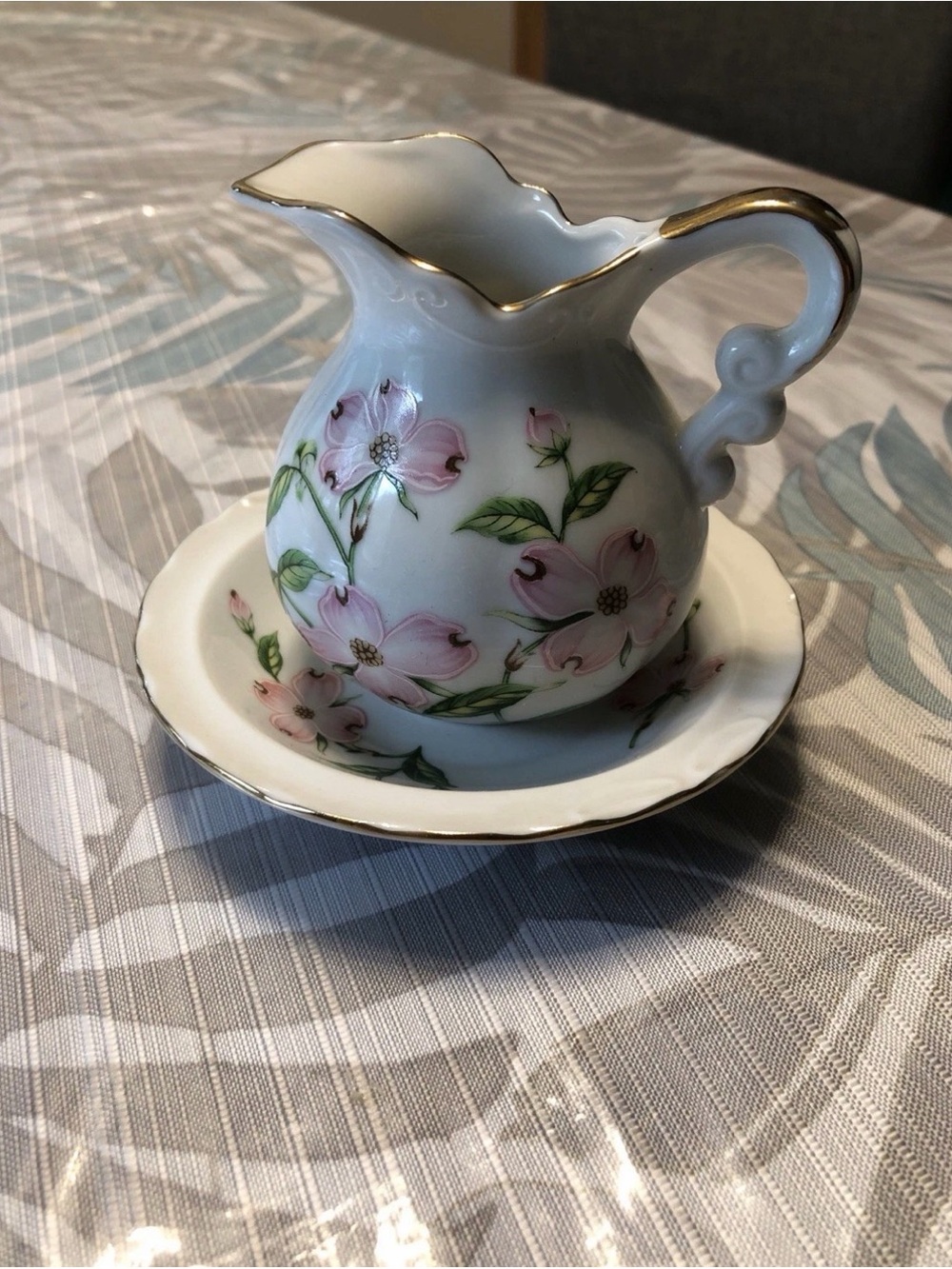 Lefton 3 1/2” Pitcher With Saucer, Pink Flowers